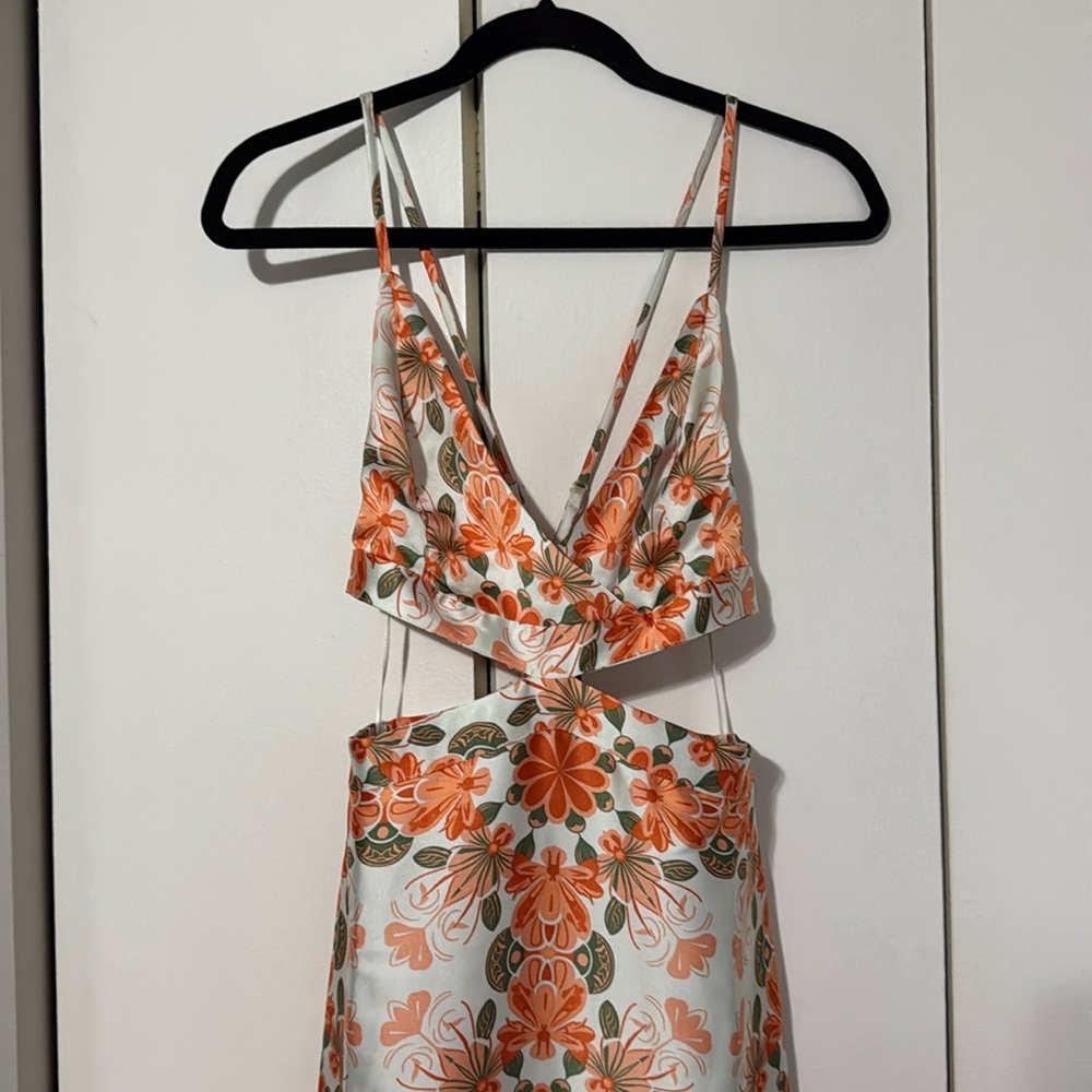 House of Harlow 1960 Cutout White Dress with Orange and Green Floral Print